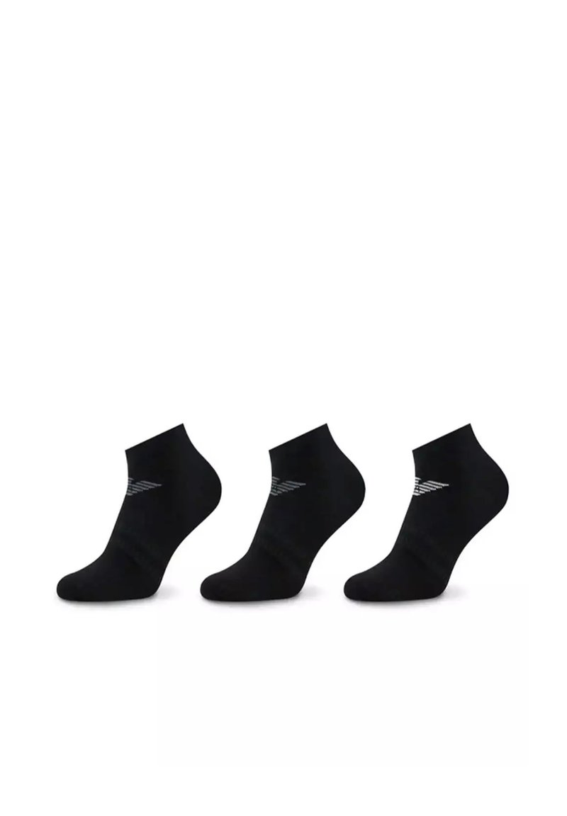 Chaussettes noires à la cheville en matière extensible, avec un motif de logo subtil en gris sur le côté, présentées dans un ensemble de trois.