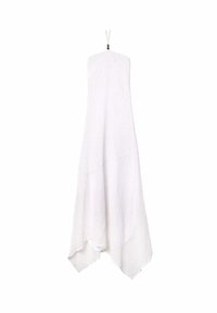 Cubierta blanca texturizada con un diseño suelto y fluido, que presenta una forma triangular y un lazo colgante en la parte superior con cuentas decorativas.