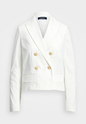 White cropped blazer featuring a double-breasted design, gold buttons, notch lapels, and two front pockets. Smooth texture and tailored fit.