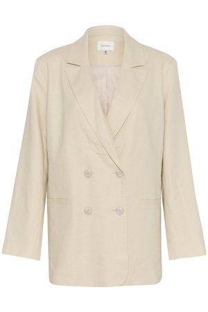Beige dobbeltradet blazer laget av lett stoff, med en krage med hakk, to frontlommer og knappedetaljer.