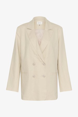 Blazer beige doppiopetto realizzato in tessuto leggero, con colletto a notched, due tasche frontali e dettagli con bottoni.