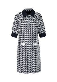 Navy und weiß gemustertes kurzärmliges Kleid mit Kragen, Reißverschluss vorne, zwei Taschen und gerippten Manschetten für zusätzliche Struktur.