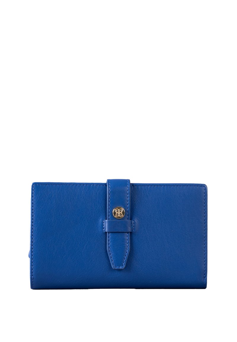 Blue leather wallet with a smooth texture, rectangular shape, and a front snap closure featuring a gold-tone accent.