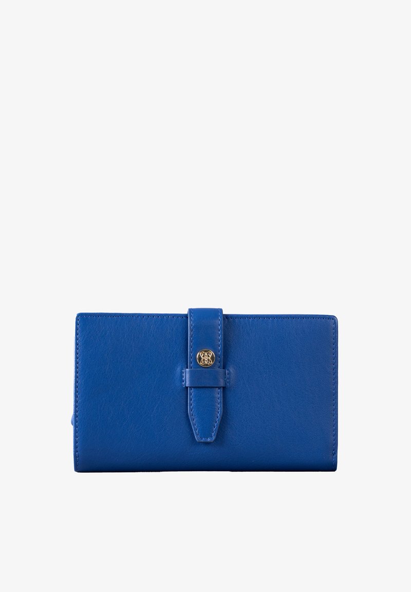 Blue leather wallet with a smooth texture, rectangular shape, and a front snap closure featuring a gold-tone accent.
