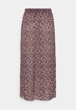 Falda midi de color púrpura oscuro con estampado floral pequeño en rosa y blanco y cinturilla elástica fruncida, mostrada sobre un fondo liso.