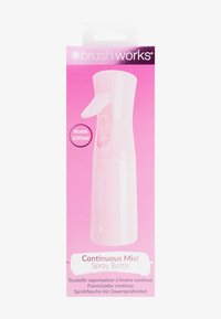 Bouteille pulvérisateur en plastique rose à brumisation continue, capacité de 200 ml, avec un déclencheur à pression et un design incurvé. L'emballage présente une marque et des étiquettes multilingues.