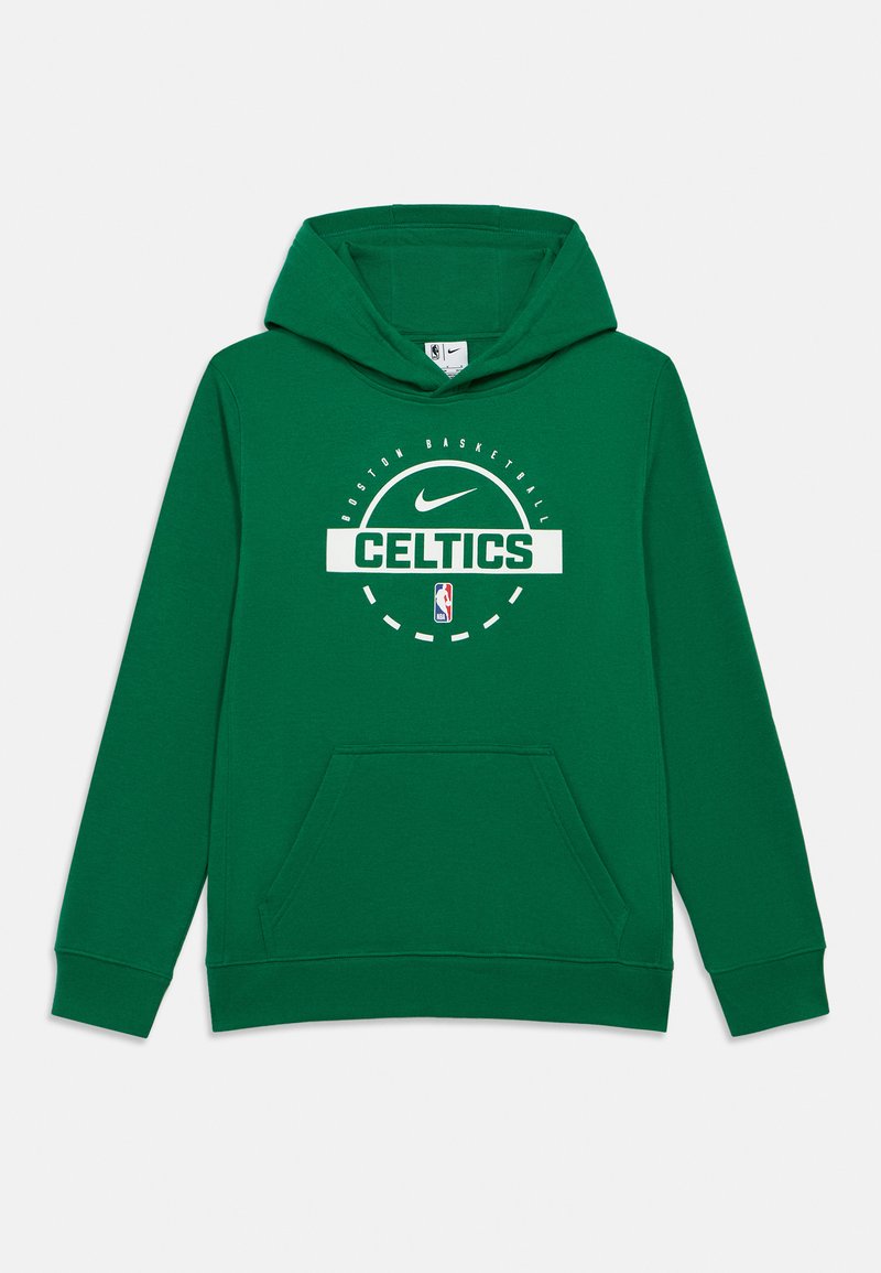 Moletim verde com um bolso frontal, apresentando "Celtics" e o logótipo da Nike impressos no peito. Material em algodão, corte regular e design com capuz.