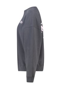 Sweat-shirt gris charbon avec col rond, manches longues et poignets côtelés. Présente un texte graphique rose sur le côté gauche de la poitrine et le long de la manche.