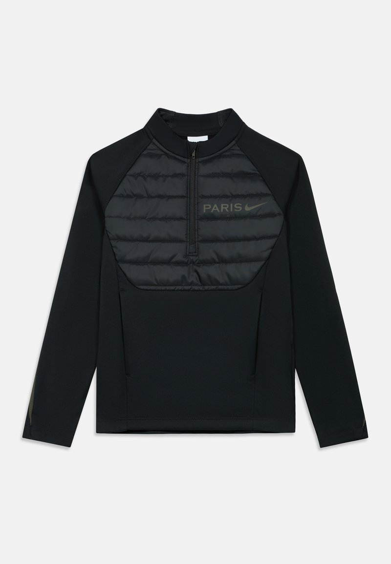 Svart atletisk pullover med dragkedja i halsen, vadderad framdel, texten "PARIS" och sidodetaljer. Tillverkad av ett slätt, stretchigt tyg.