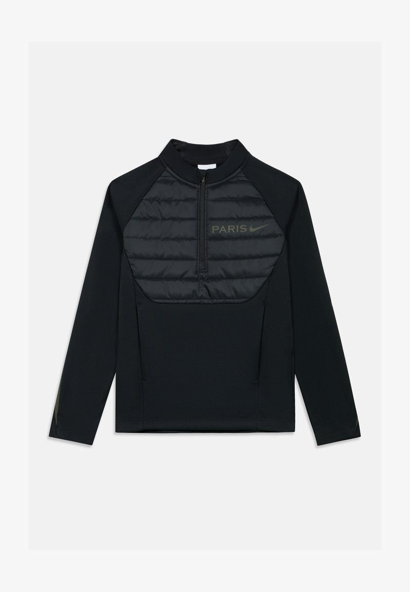 Zwarte sportieve pullover met een ritssluiting aan de hals, gewatteerd voorpaneel, "PARIJS" tekst en zijaccenten. Gemaakt van een soepele, rekbare stof.