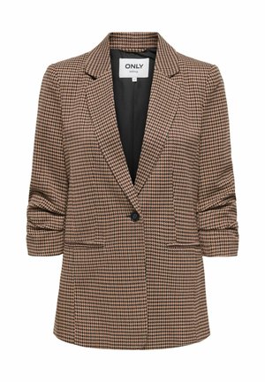 Blazer à motif pied-de-poule marron avec doublure noire, fermeture à un bouton et deux poches avant. Comprend des manches retroussées et un col à revers.