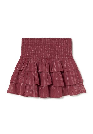 Minifalda de volantes en color rosa oscuro con cinturilla elástica fruncida y detalles de rayas metálicas verticales.