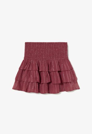 Minifalda de volantes en color rosa oscuro con cinturilla elástica fruncida y detalles de rayas metálicas verticales.