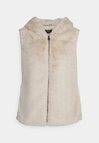 Faux furväst i ljus beige, med huva, framsidans dragkedjestängning och mjuk textur. Rakt snitt utan ärmar.