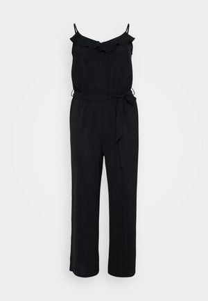 Schwarzer Jumpsuit mit Spaghettiträgern, gerafftem Halsauschnitt, Taillenzug und weitem Bein-Design. Hergestellt aus leichtem Stoff mit glatter Textur.