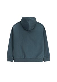 Ciemnoszara bluza z kapturem z długim rękawem, z prążkowanymi mankietami i dołem, pokazana od tyłu na białym tle.