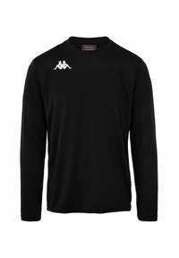 Zwarte langjarige shirt van gladde stof, met een ronde halslijn en een wit logo op de borst. Subtiele naaddetails op de mouwen.