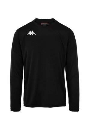 Zwarte langjarige shirt van gladde stof, met een ronde halslijn en een wit logo op de borst. Subtiele naaddetails op de mouwen.