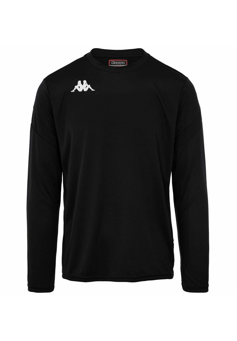 Zwarte langjarige shirt van gladde stof, met een ronde halslijn en een wit logo op de borst. Subtiele naaddetails op de mouwen.