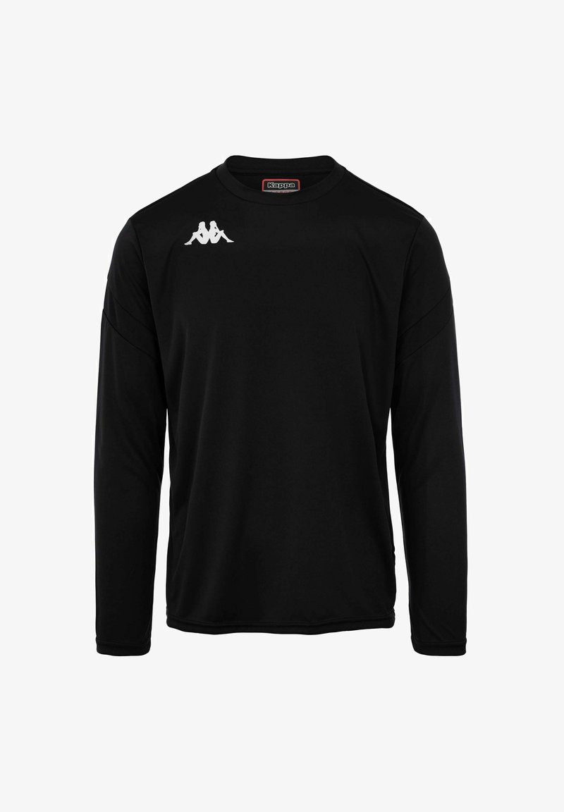 Zwarte langjarige shirt van gladde stof, met een ronde halslijn en een wit logo op de borst. Subtiele naaddetails op de mouwen.