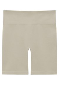 Shorts biker beige a vita alta senza cuciture con una cintura ampia e lunghezza fino a metà coscia.