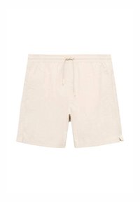 Beige badebukser lavet af letvægtsstof, med elastisk talje, snoretræk og sidelæg for øget bevægelsesfrihed.