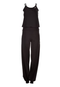 Zwart twee-delig outfit met een mouwloze top met een ronde halslijn en losse broek met zakken. Glad stof, casual ontwerp.