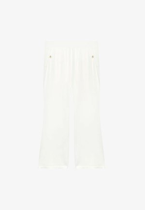 Weiße Hose mit weitem Bein, elastischem Bund und seitlichen Taschen mit kleinen goldfarbenen Knopfdetails.