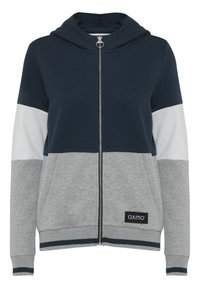 Haut de hoodie zippé léger en marine, gris et blanc. Comprend une poche kangourou, des poignets côtelés et une étiquette de marque sur l'ourlet.