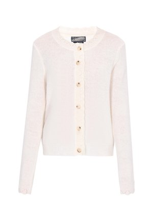 Biały sweter dziergany z falbaną przy dekolcie i zapięciem na pięć okrągłych guzików. Długie rękawy z falbanionymi wykończeniami.