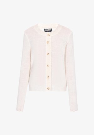 Cardigan alb tricotat cu guler decorat și închidere cu butoane, având cinci butoane rotunde. Mânici lungi cu margini ondulate.