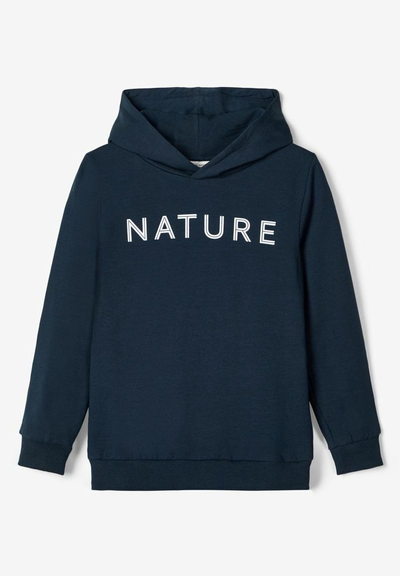 Sweat à capuche bleu marine à manches longues avec le texte blanc "NATURE" sur la poitrine.