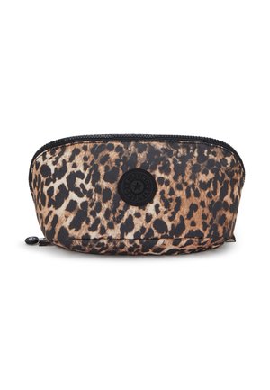 Leopard print pencil case with a smooth texture, rounded shape, black zipper, and a black logo patch on the front. Dimensions are compact.