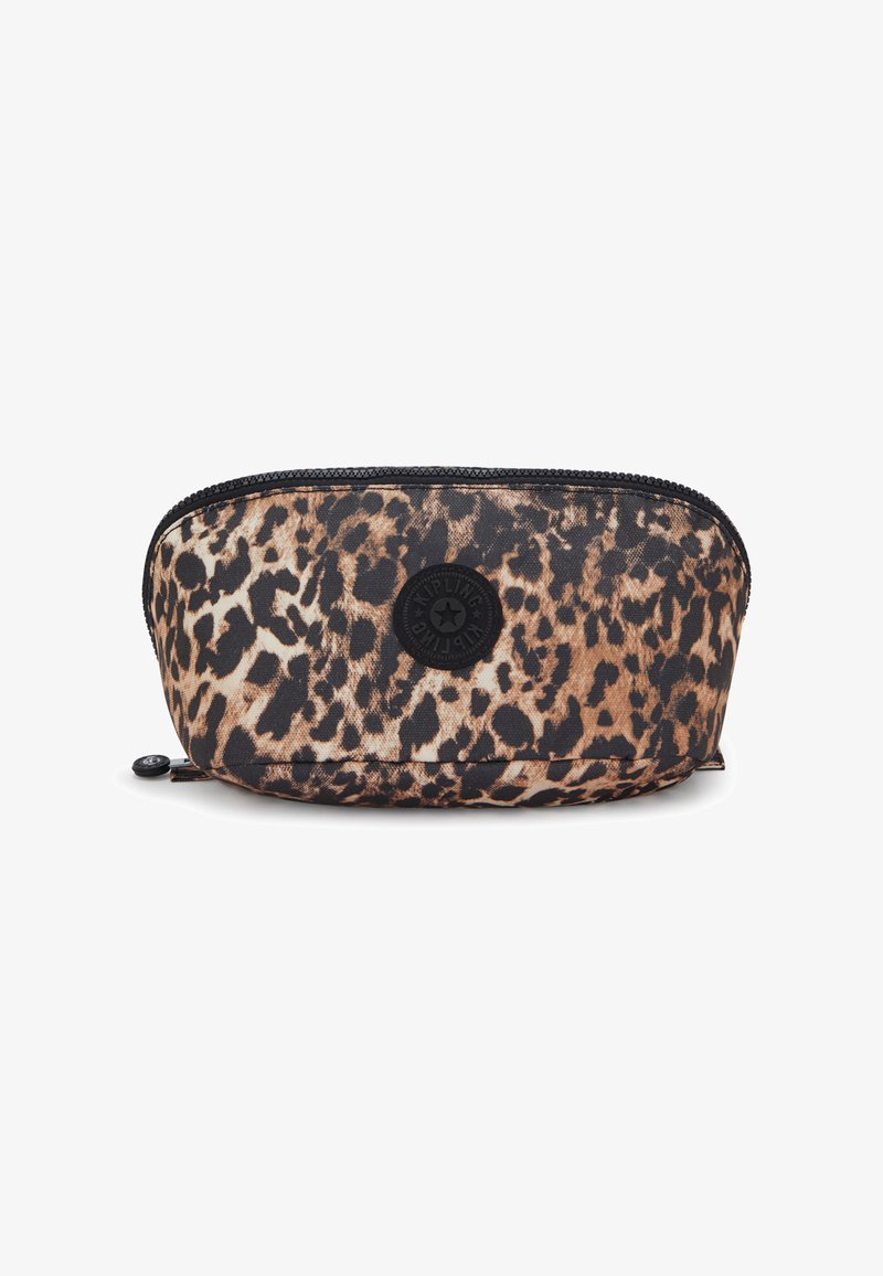 Leopard print pencil case with a smooth texture, rounded shape, black zipper, and a black logo patch on the front. Dimensions are compact.