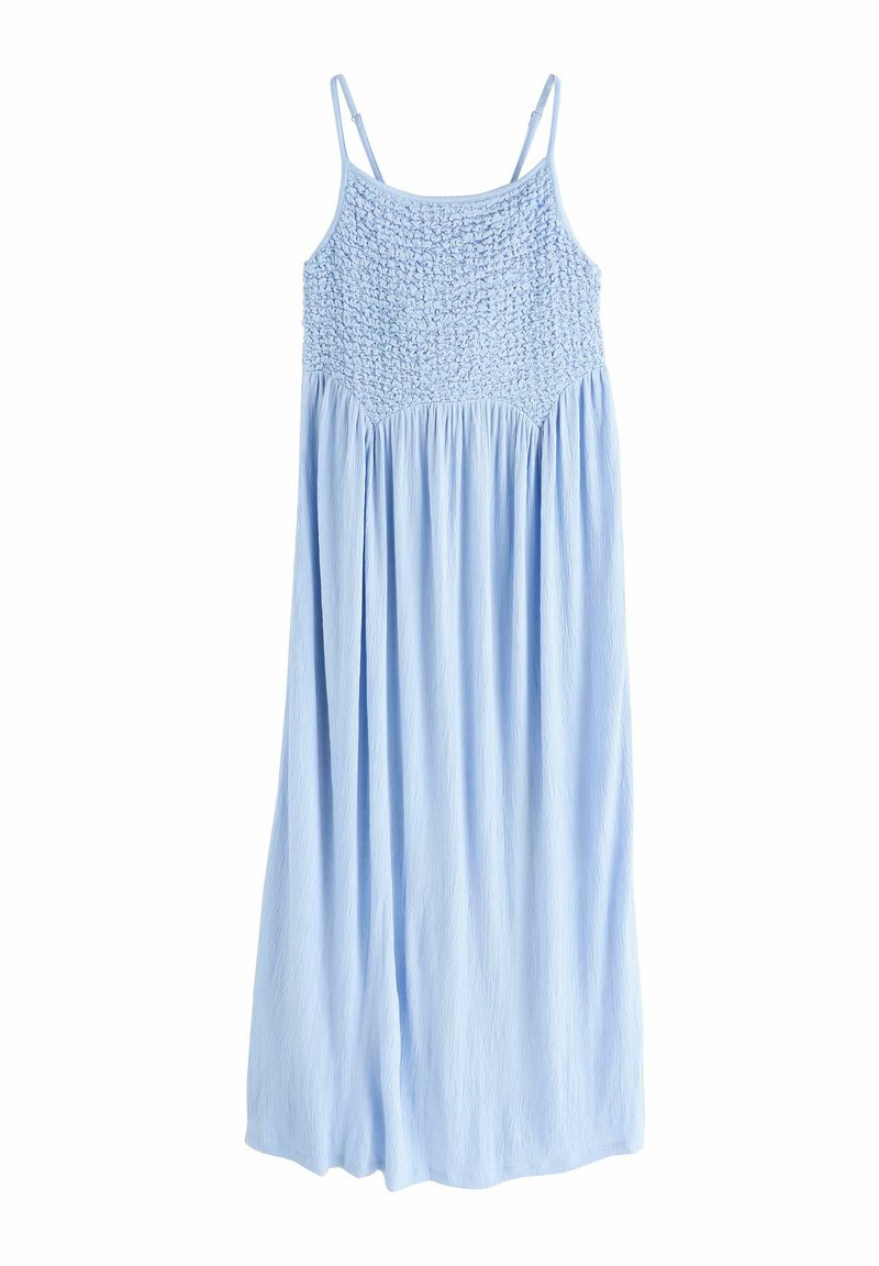 Rochie fără mâneci, de culoare albastru deschis, cu bust smocked și fustă fluidă. Realizată dintr-un material moale, cu bretele delicate și o textură blândă.