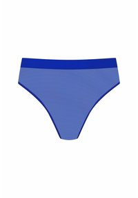 Bas de bikini bleu avec un tissu texturé et une taille bleue unie. La forme est un modèle classique de slip avec des bords lisses.