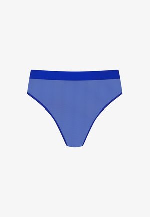 Blue bikini bottom featuring a textured fabric with a solid blue waistband. The shape is a classic brief cut with smooth edges.