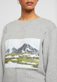 Moletom cinza com uma ilustração de uma paisagem de montanha com neve e vegetação. O texto abaixo da ilustração diz "APOIE O SEU PLANETA LOCAL."