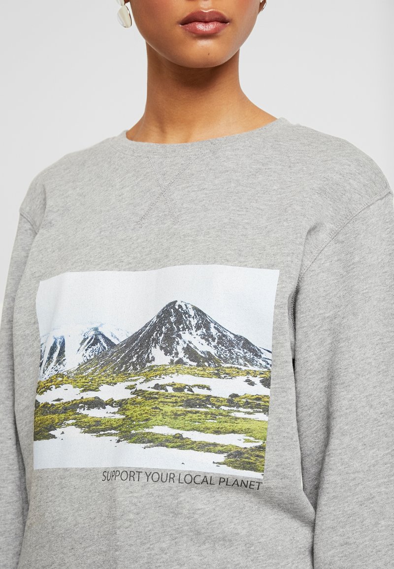 Grauer Sweatshirt mit einem Landschafts-Graphic eines Berges mit Schnee und Grün. Der Text unter dem Graphic lautet "UNTERSTÜTZE DEINEN REGIONALEN PLANETEN."