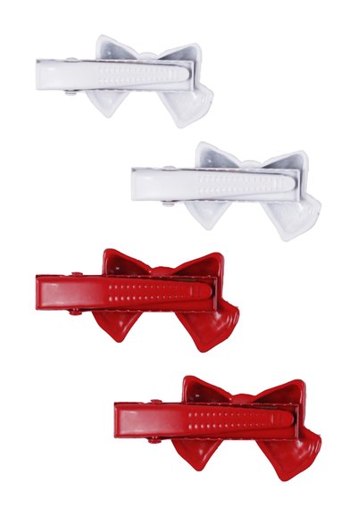 Set di quattro fermagli per capelli: due bianchi e due rossi, realizzati in plastica, design a forma di fiocco, grip strutturato e finitura lucida.