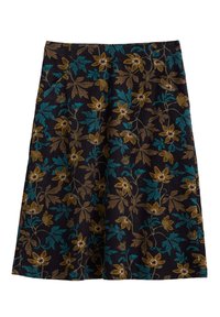 Spódnica w kwiatowy wzór na ciemnym tle, z brązowymi kwiatami i turkusowymi liśćmi. Wykonana z miękkiego materiału, o długości do kolan, z rozkloszowanym krojem.