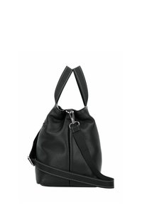 Bolso de cuero negro tipo bucket con una superficie texturizada, correa de hombro de tela ajustable y dos asas superiores. Cierre con cremallera en la parte superior.