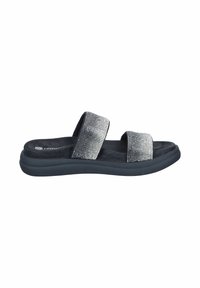 Sandal with two wide, sparkly silver straps, soft black footbed, and a flexible black rubber sole, designed for comfort and stability.