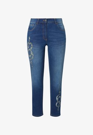 Granatowe dżinsy o slim fit z metalicznym haftem w wężową skórę na lewym udzie, pięcioma kieszeniami i zapięciem na guzik.