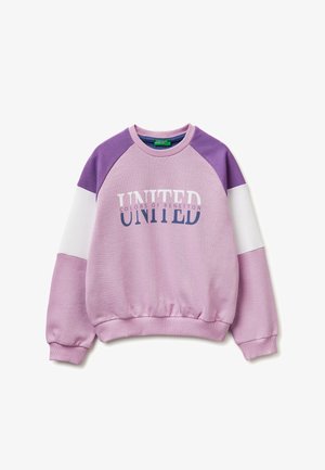 Lilac sweatshirt with purple and white raglan sleeves, ribbed cuffs and hem, and "UNITED COLORS OF BENETTON" text on the front.