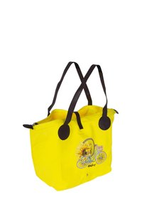 Gelbe Stofftasche mit braunen Griffen, mit einem Grafikdesign von einem Fahrrad und einer Sonnenblume. Mit Reißverschluss oben und einem Logodetail auf der Vorderseite.