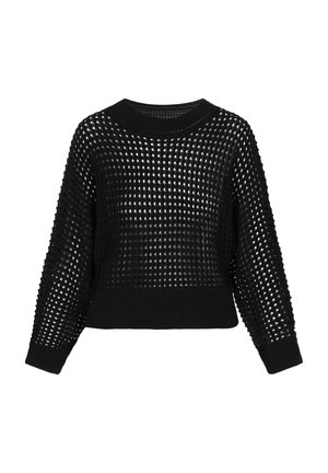 Črn pleten pulover z ohlapenim, skrajšanim oblikovanjem, ki ima strukturiran odprt mrežni vzorec ter rebraste manšete in rob.