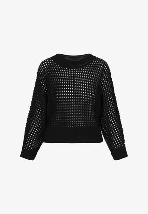 Melna adīta džemperis ar brīvu, īsu dizainu, kuru raksturo teksturēta atvērta acu struktūra un ribota apkakle un apakša.