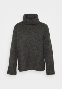 Maglione spesso a maglia di colore grigio scuro con un alto colletto a coste. Presenta maniche lunghe e una vestibilità rilassata con orlo e polsini a coste.