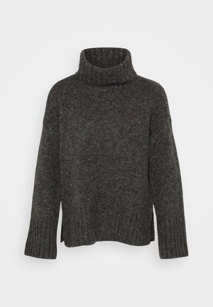 Knotterige gebreide trui in donkergrijs met een hoge, ribbelige col. Voorzien van lange mouwen en een relaxed fit met ribbelboorden aan de onderkant en mouwen.